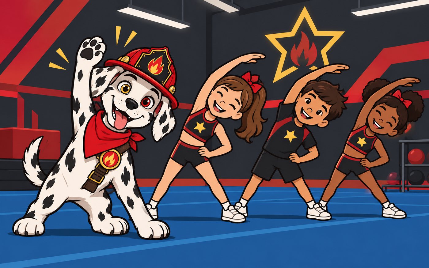 Sparky y los niños estirando antes de empezar la clase Star