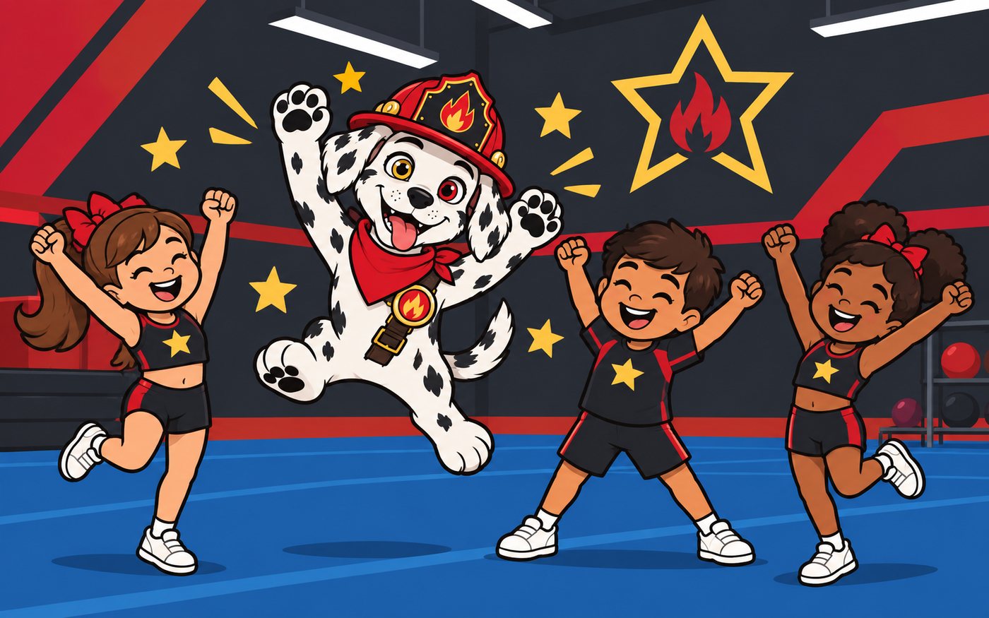 Sparky y los niños de Star celebrando saltando, con estrellas alrededor