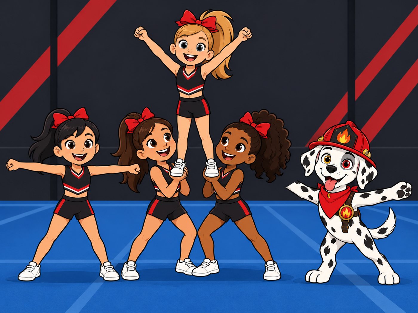 Niños de Star practicando una posición de cheer junto a Sparky