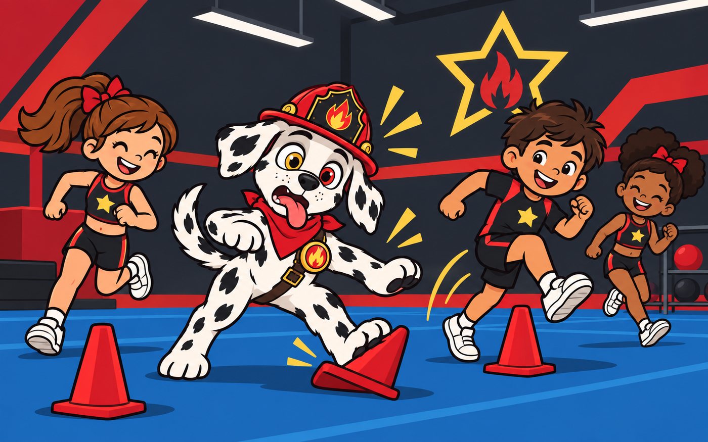 Sparky y los niños en un circuito de conos, jugando y moviéndose