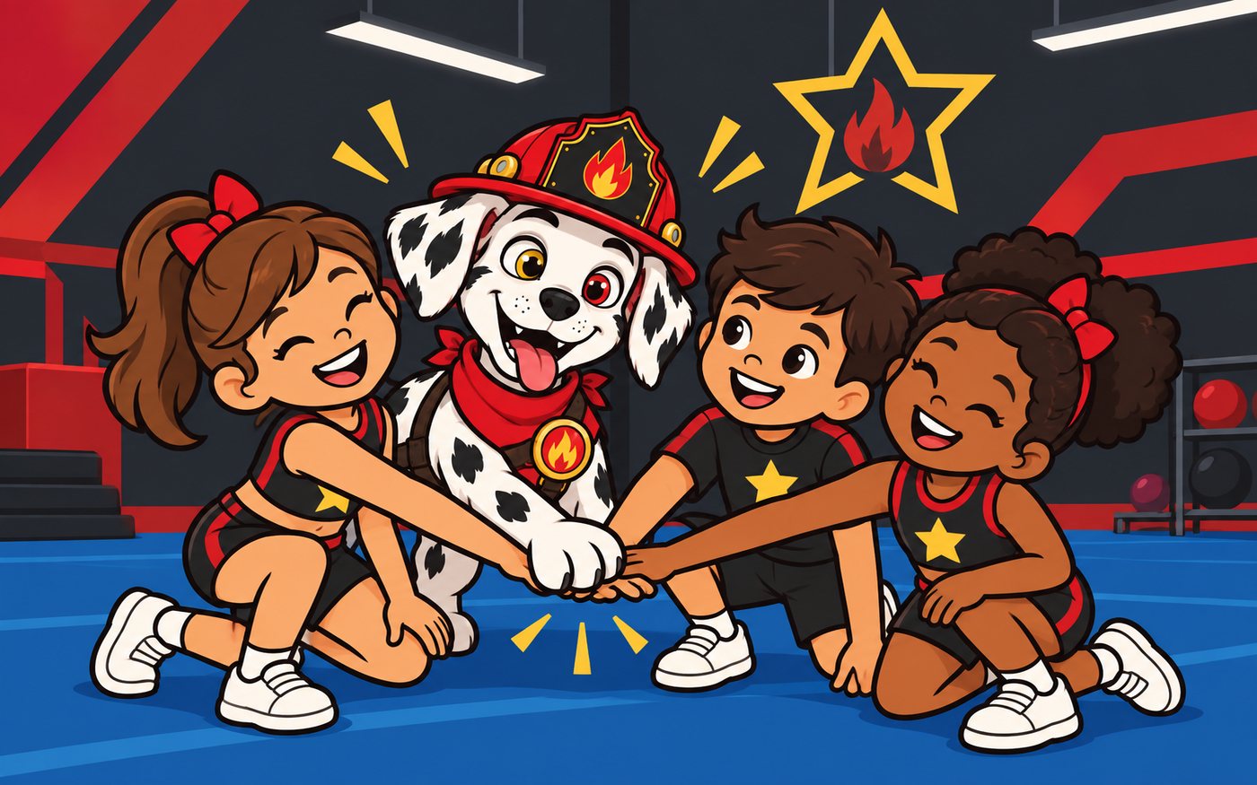 Sparky y los niños de Star con las manos juntas al centro, en equipo