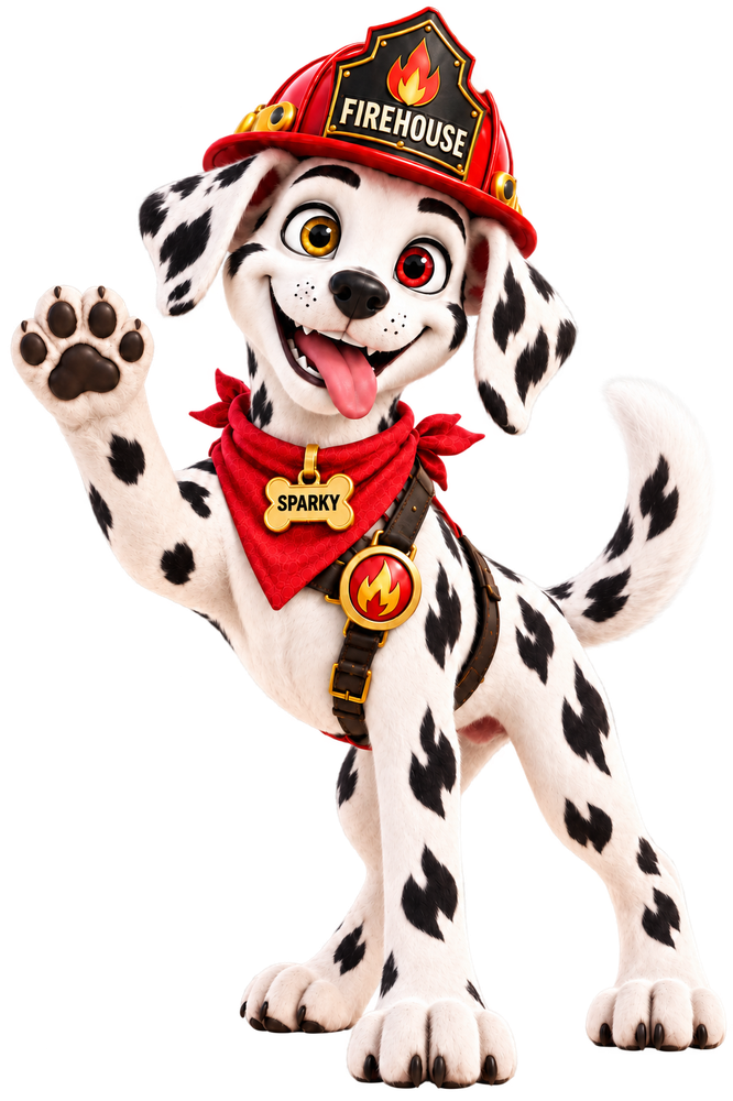 Sparky, la mascota de Firehouse Star, saludando